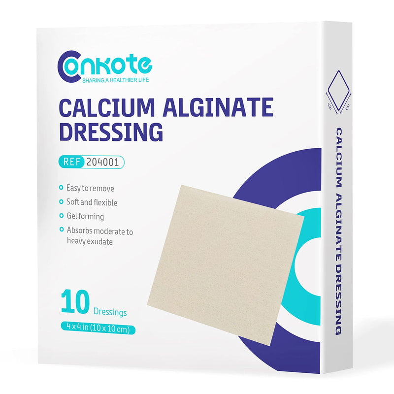 [Australia - AusPower] - Conkote Calcium Alginate Wound Dressing Pads, 4 x 4 Pad Size, 10 Pack, Non-Stick Padding, Sterile, Highly Absorbent & Comfortable 4'' x 4'' (10 Dressings) 