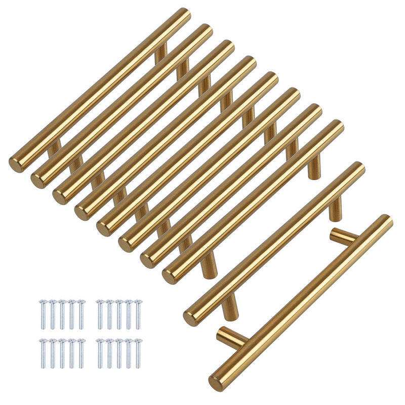 10 Pack 8" Brushed Brass Cabinet Cupboard Drawer Door Handle Pull Stainless Steel T bar Drawer pulls, 6" Length, 5" Hole Center Gold