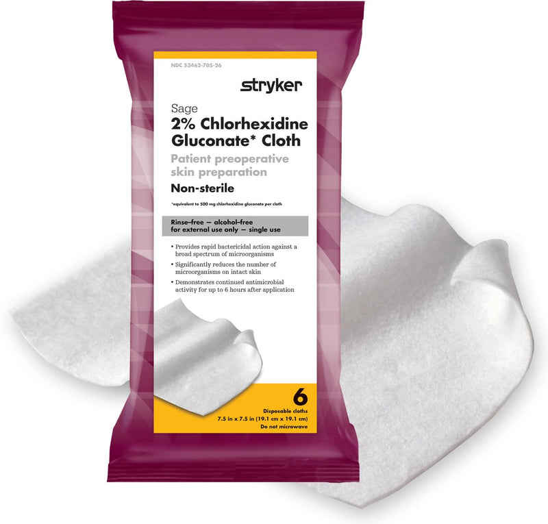 [Australia - AusPower] - Stryker - Sage 2% Chlorhexidine Gluconate (CHG) Cloths  1 Package, 6 Cloths  Rinse-free Antiseptic Preoperative Skin Preparation 