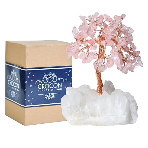 Crocon Rose Quartz Crystal Tree with White Aura Base Tree of Life Décor Bf Rose Quartz + White Aura Base
