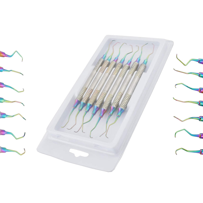 [Australia - AusPower] - OdontoMed2011 Set of 7 Gracey Periodontal Curettes 1/2-13/14 Double Ended Hollow Handle Multi Rainbow Color Tips Dental Instruments Protective Packing DN-2276 