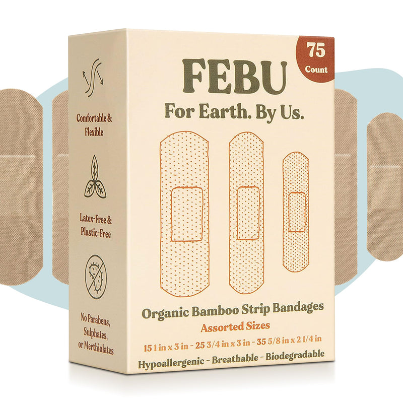 [Australia - AusPower] - FEBU Eco-Friendly Organic Bamboo Fabric Bandages for Sensitive Skin | PFAS Free Flexible Latex Free Bandages | Natural Hypoallergenic Bandages for Scrapes, Cuts & First Aid | 75 Count Variety Pack Strip Bandages Variety 