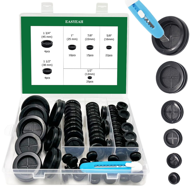 [Australia - AusPower] - EASYEAH 80 Pcs Rubber Grommets Assortment Kit for Wiring 1-3/4 1-1/2 1 7/8 5/8 1/2 Inch Round Hole with 1 PC Knife, Firewall Automotive Rubber Hole Plugs for Electrical Wire Cables Plumbing Protection Black-80Pcs Round 