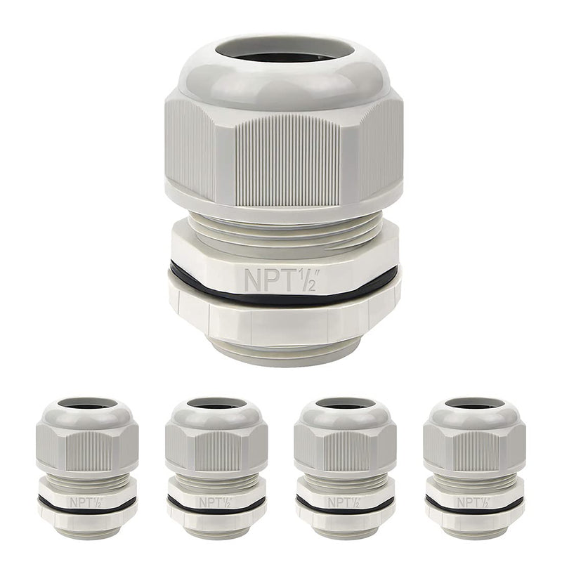 [Australia - AusPower] - LeMotech 5 Pack NPT 1/2" Cable Glands Waterproof Adjustable 6-12mm Cable Connectors Grey Nylon Joints with Gaskets 1/2inch 5-pack 