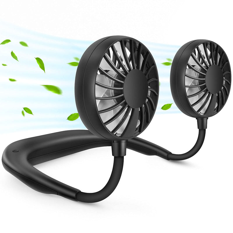 [Australia - AusPower] - RJVW Portable Neck Fan, Hand Free Personal Hanging Neck Sports Fan USB Rechargeable (3 Speed Adjustable) Wearable Cooling Head Fan,360 Degree Free Rotation for Traveling, Sports, Office, Reading Full Black 