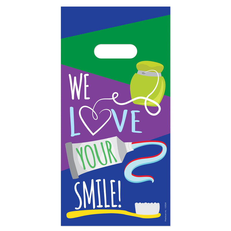 [Australia - AusPower] - Practicon We Love Your Smile 6" x 12" Dental Giveaway Bag, Dental Hygiene Patient Care Goodie Bag, Dentist Office Plastic Gift Bags, 100 Pack 6" x 12" 