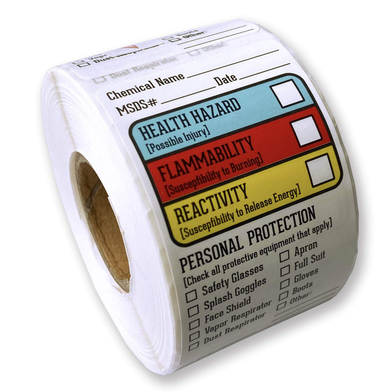 FirstZi Self Adhesive 1.5”x2.5” SDS MSDS Safety Stickers for Chemical Identifying and Marking, 300 Labels 1 Roll, Waterproof, Durable, HMIS & Hazard Compliant