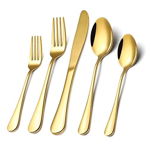 Gold Silverware Flatware Set for 8, 40 Piece Stainless Steel Cutlery Set With Titanium Golden Plated, Tableware Kitchen Utensil Include Spoons, Forks, Knives, Mirror Polished, Dishwasher Safe Gold
