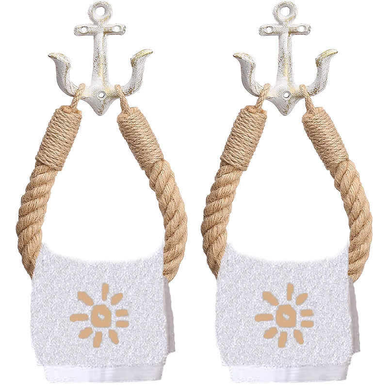 2 Pcs Nautical Rope Toilet Paper Holder Wall-Mounted Towel Ring Nautical Toilet Paper Holder with Metal Hooks Coastal Towel Rack Natural Antique Rope （White+White） White+white