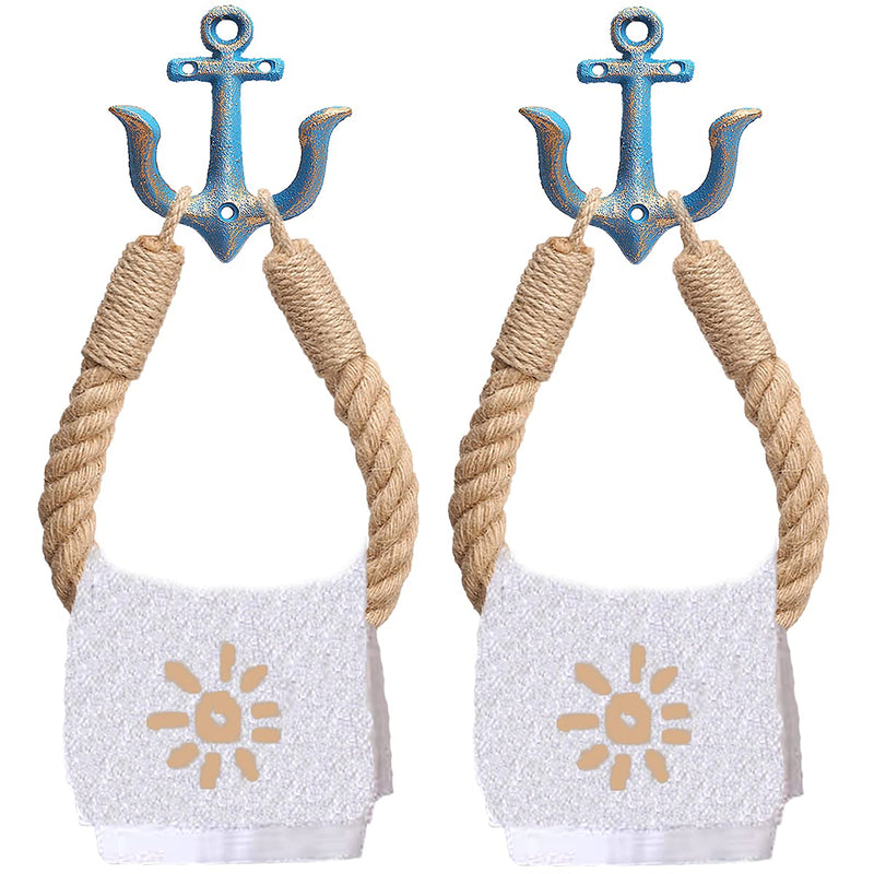 2 Pcs Nautical Rope Toilet Paper Holder Wall-Mounted Towel Ring Nautical Toilet Paper Holder with Metal Hooks Coastal Towel Rack Natural Antique Rope （Blue+Blue） Blue+blue