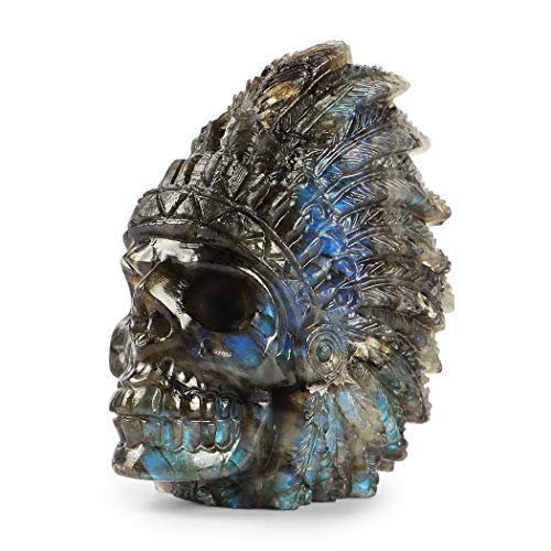 SMQ 2.5" Native American Figurines Labradorite Crystal Indian Skull Head Statue,Hand Carved Gem Skull Figurine Ornament for Halloween Carnival Festival,Home,Closet Decor 2.3*2.5Inches