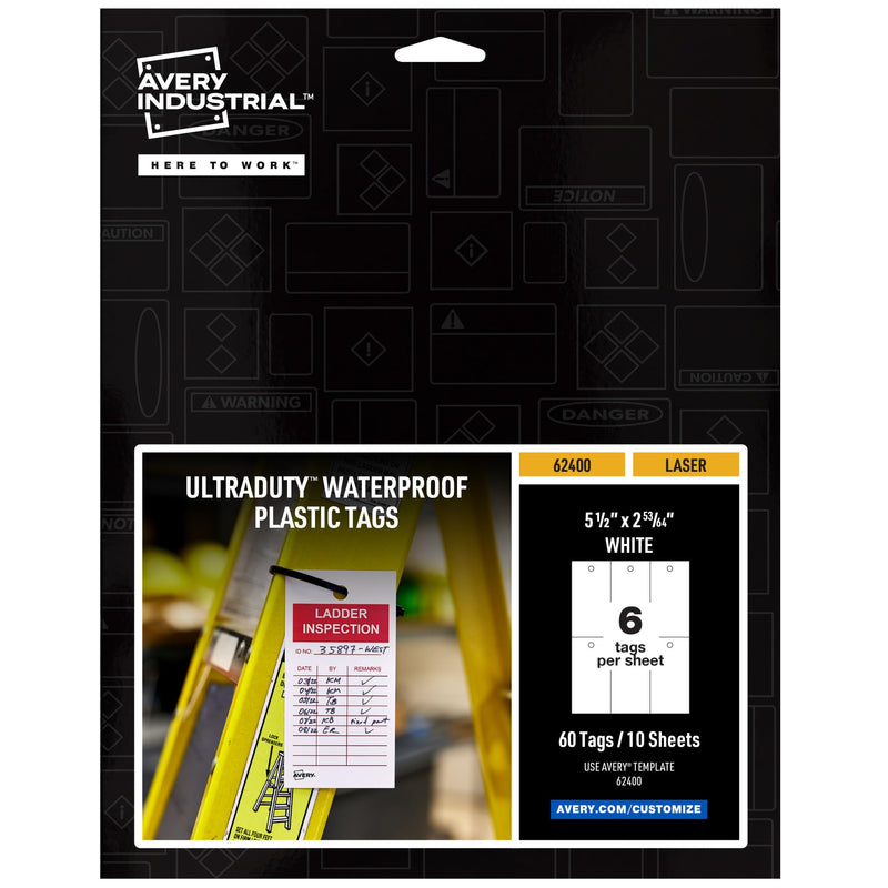 [Australia - AusPower] - Avery UltraDuty Printable Plastic Hang Tags, 5.5" x 2.83", White Blank Tags, 50lb Pull-Strength, 60ct (62400) 