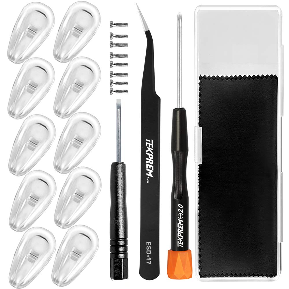 [Australia - AusPower] - Eyeglasses Nose Pads, TEKPREM Glasses Nose Pads Replacement Repair Tools Kit with 5 Pairs of Air Chamber Silicone Nose Pads,Screws,Screwdrivers,Tweezer and Cleaning Cloth for Glasses and Sunglasses 