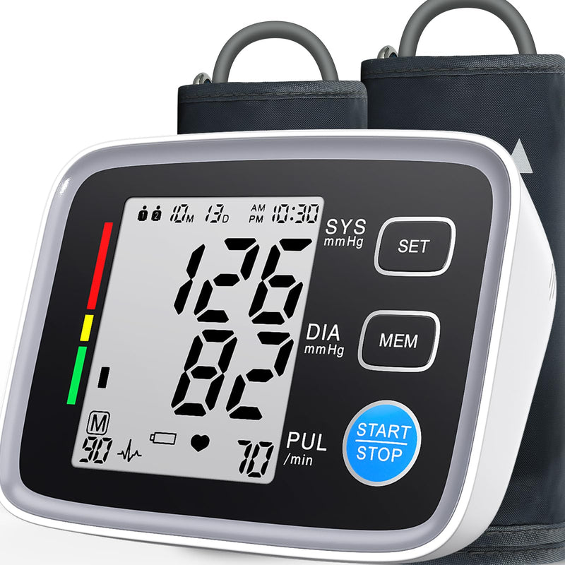 Upper Arm Blood Pressure Monitor for Home Use 2 Cuff Sizes, 9-17'' & 13-21''Extra Large BP Cuff Automatic Digital Blood Pressure Machine 2 Users 180 Memories USB Cable 4 AA Batteries 1 monitor + 2 cuff sizes