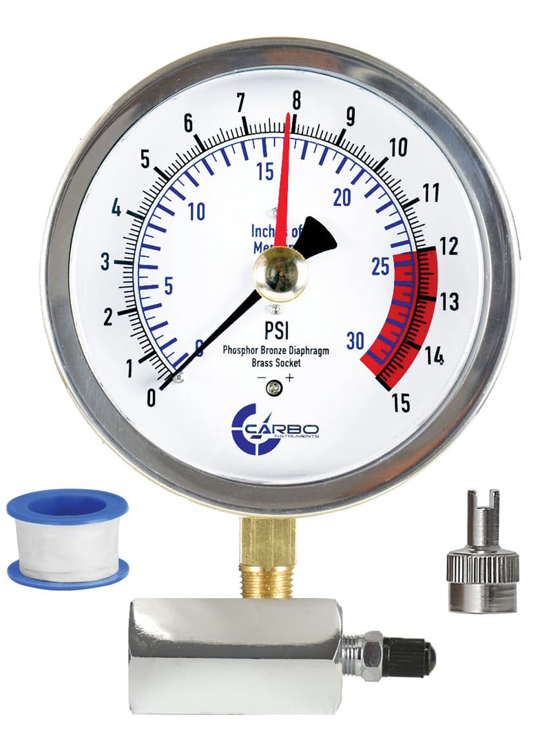[Australia - AusPower] - 4" Gas Test Pressure Gauge 15 Pound, 15 PSI / 30 InHg, 3/4” FNPT Con, Stainless Steel Case, Accuracy 1%, Red Pointer Pressure Memory, Chrome Plated Steel Body Assembly 