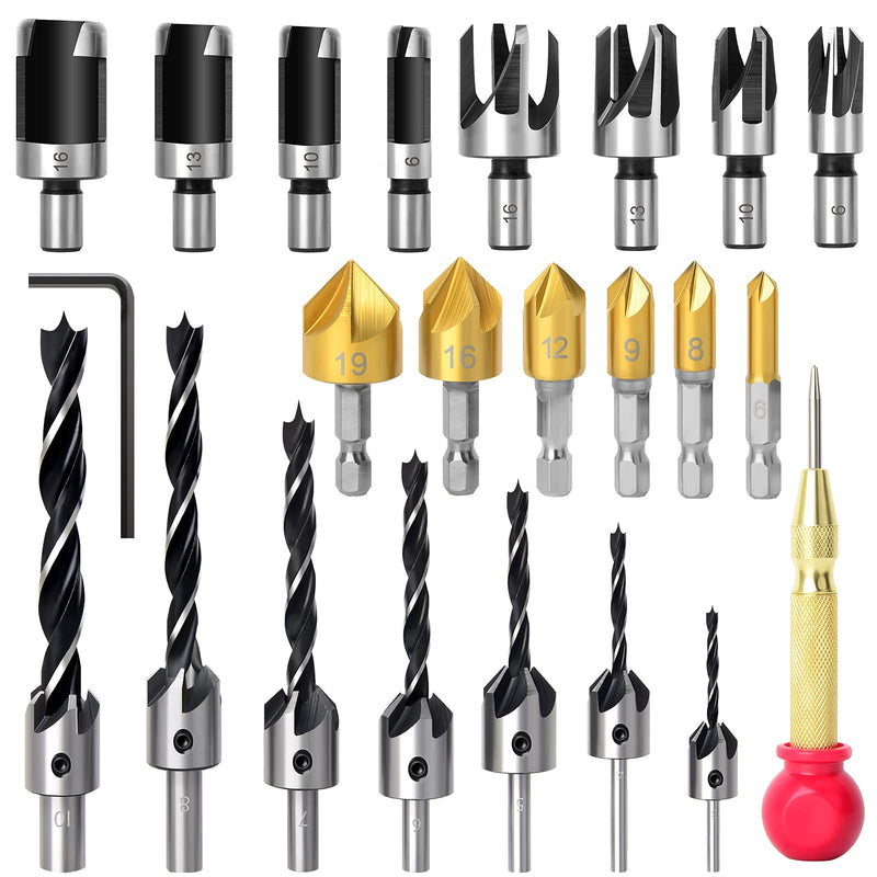 23pcs Woodworking Chamfer Drilling Tool, 8pcs Wood Plug Cutter Drill, 7pcs Three Pointed Countersink Drill Bit with L-Wrench, 6pcs 1/4" Hex 5 Flute 90 Degree Countersink Drill Bits