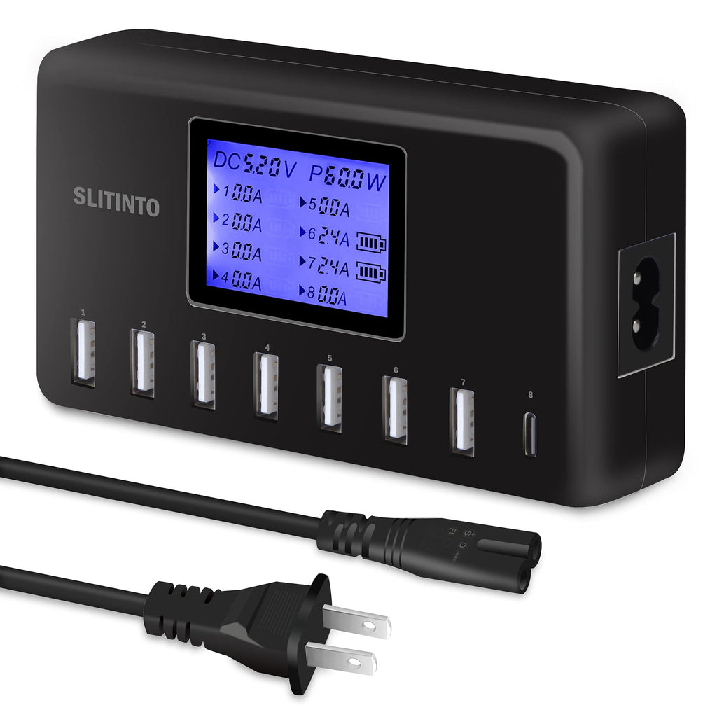 [Australia - AusPower] - USB Charger, slitinto 60W 12A 8-Port USB Charging Station Multi Port USB Hub Charger Compact Size LCD Display Compatible with iPhone iPad Samsung Kindle Tablet Bluetooth Earbuds and More Black 