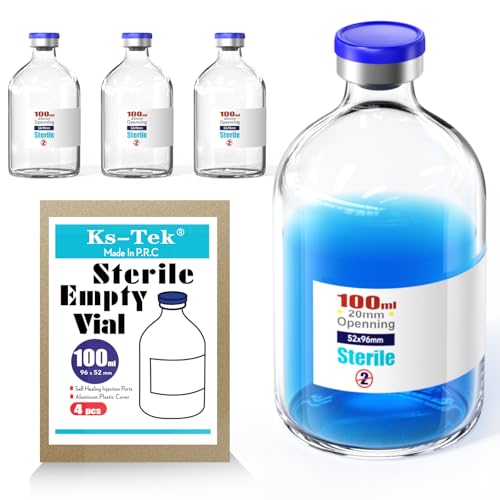Ks-Tek Sterile Empty Vials with Self-Healing Injection Port with Hinged Aluminum Lid Sterile Packaging (100ml, 4) 100ml
