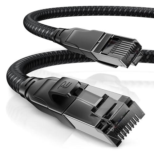 CSL CAT8.1 Network Cable 40 Gbits - 2 m - Cotton Jacket - Black Series - LAN Patch Cable RJ45 - CAT8 Gigabit Ethernet Cable - 40000 Mbits - S/FTP PIMF Shielding - Compatible with CAT6 CAT7 2,0m A: Round