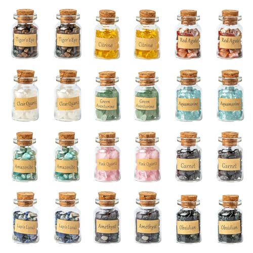 KHOCOEE 24 Gemstone Bottles Chip Crystals and Healing Stone, Chakra Healing Crystals Bottles, Wicca Gem Stones Set, Witchcraft Crystals