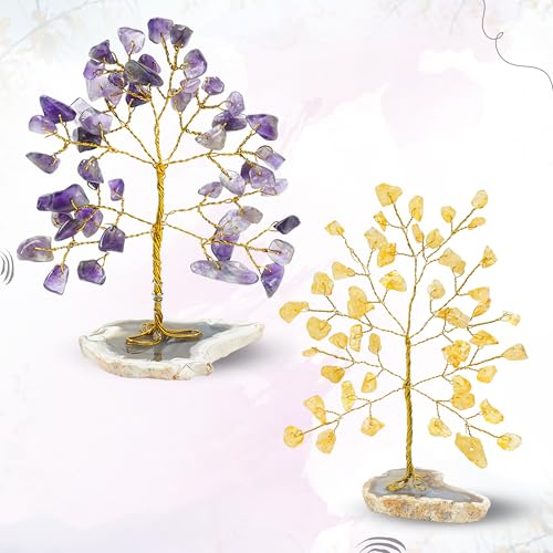 Amethyst & Citrine Crystal Tree of Life, Chakra Tree of Life, Gemstone Tree, Geode Agate Slice Base, Money Tree, Feng Shui Tree Bonsai, Stone Tree Healing Crystal Decoration, Spiritual Gift (Set of 2) Amethyst + Citrine