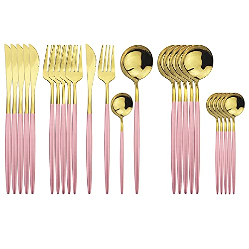 Gold Silverware Set, 24-Piece Stainless Steel Flatware Set Service For 6, Mirror Polished Pink Handle Tableware Cutlery Set Knife Fork And Spoon For Home & Restaurant, Dishwasher Safe 24-Piece Set (Service for 6) Pink Gold