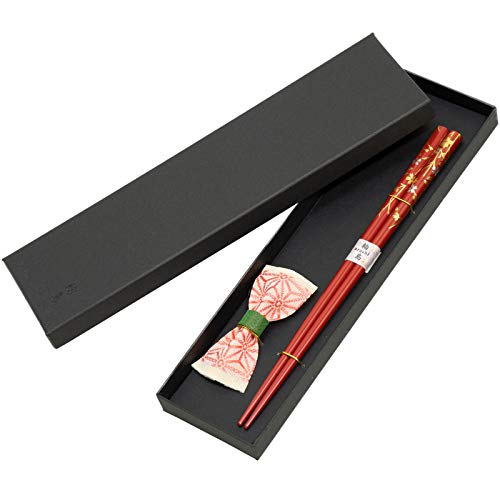 Wajima Urushi Lacquered Wooden Chopsticks & Rest Set in Gift Box: Red Sakura (Cherry Blossom) Chopsticks with Kurashiki Ribbon Rest [Made in Japan]