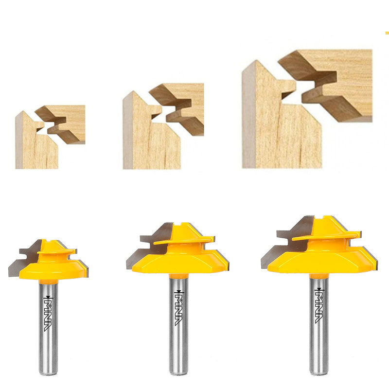 [Australia - AusPower] - MNA 45 Degree Lock Miter Router Bit 3-piece Set, for 1/2”, 5/8”, 3/4” cutting height, 1/4 Inch Shank. Easy to Create Lock Miter Joint 