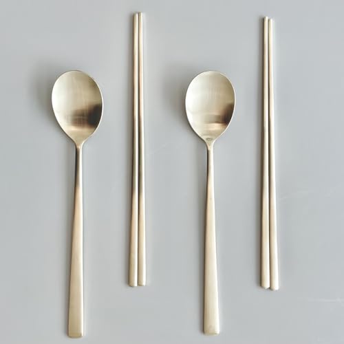 Korean Made Traditional Utensil Chopstick Set Flatware Champagne Gold Stainless Steel Spoon & Chopsticks Comfortable Grip Gift for Mom (2) Stocking Stuffer 2