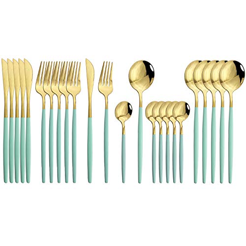 JASHII Flatware Serving Set 24 Piece, Stainless Steel Silverware Set, Mint Green Gold Cutlery, Modern Elegant Tableware for Party, Christmas, Dinner