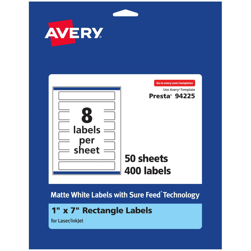 Avery Matte White Rectangle Labels, Sure Feed Technology, 1" x 7", 400 Matte White Printable Labels 400 Labels