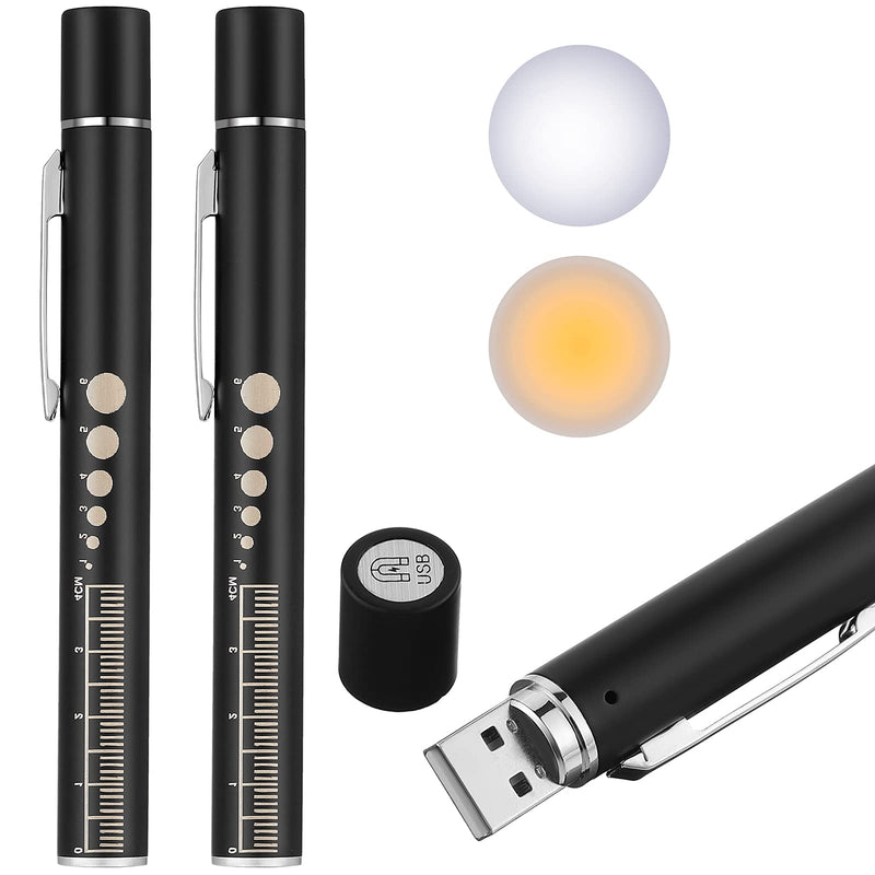 [Australia - AusPower] - Honoson Pen Light, Reusable LED Penlight for Students Doctors Nurses with 2 LED Sources, USB Rechargeable, Extra Warm Light Bulb, Pocket Clip(Black,2 Pieces) Black 