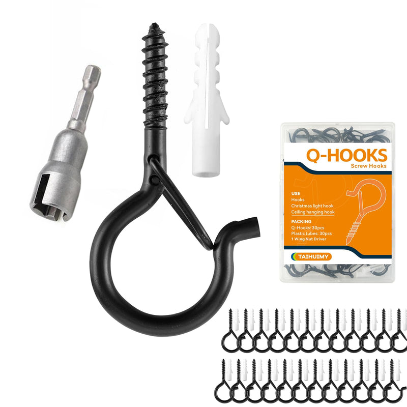 [Australia - AusPower] - 30 PCS Q-Hanger Hooks with Safety Buckle, Windproof Screw Wall Ceiling Hooks for Outdoor String Lights Hanging Christmas Lights, Plants, with 1 Wing Nut Driver Black 30 Pack 