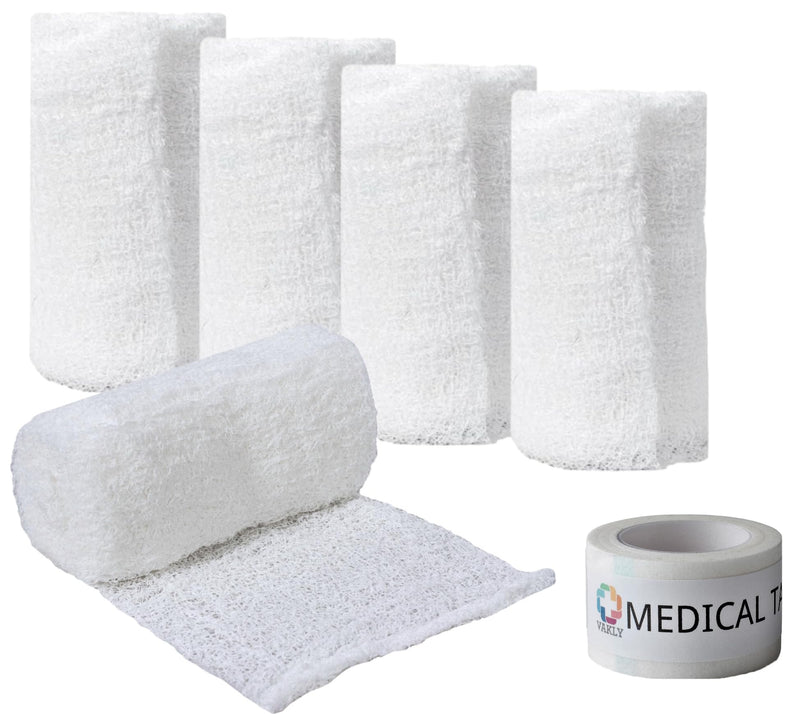 [Australia - AusPower] - Sterile Krinkle Kerlix Type Gauze Bandage Rolls [Pack of 5] Highly Absorbent Fluff 100% Cotton Bandages Roll 4.5"x4.1yds 6-Ply - Individually Wrapped Mesh Gauzes + 1 Roll of Vakly Medical Tape 