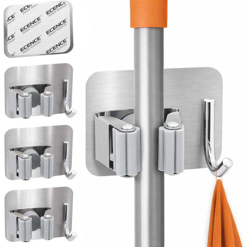ECENCE Broom Holder Wall Self-Adhesive Pack of 4 Device Holder | Broom Holder Silver Stainless Steel No Drilling Mop Holder for Kitchen, Bathroom, Balcony & Garden