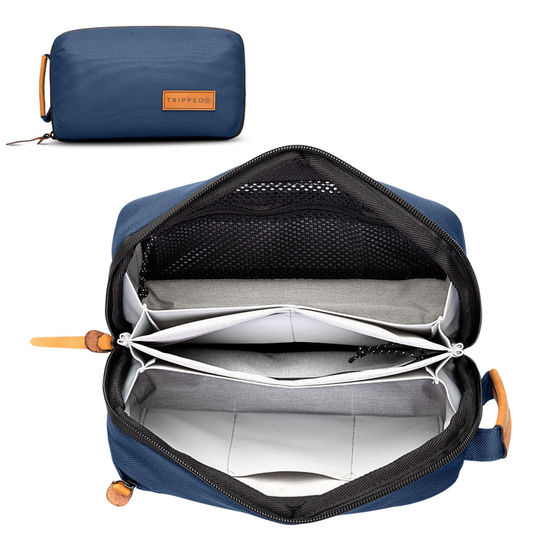 [Australia - AusPower] - Tech Bag Organizer - Small Electronics Organizer Pouch for Travel - Premium Travel Case with Leather Accents - Mesh Pocket for Cables, Cords and Chargers (Navy) Navy 