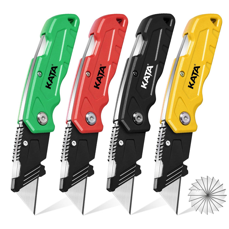 [Australia - AusPower] - KATA Folding Box Cutter Knives: Heavy Duty Utility Knife Pocket Box Cutter with Extra 20pcs Razor Blades - 4-Pack Plastic Cardboard Opener Safey Knives - Gifts for Men Cutting Cartons, leather, Rope D 