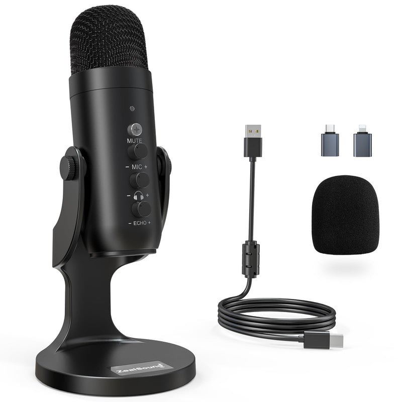 [Australia - AusPower] - ZealSound USB Microphone,Condenser Computer PC Mic,Plug&Play Gaming Microphones for PS 4&5.Headphone Output&Volume Control,Mic Gain Control,Mute Button Vocal,YouTube Podcast on Mac&Windows(Black) Black 