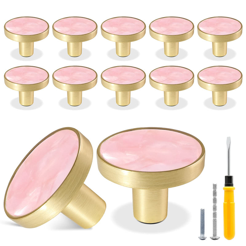 12 Pack Gold Knobs for Dresser Drawers, Brass Dresser Knobs Round Cabinet Knob for Kitchen Cabinet Cupboard Door Decorative Furniture Hardware, 1-1/4" Diameter, Pink 12 Pack