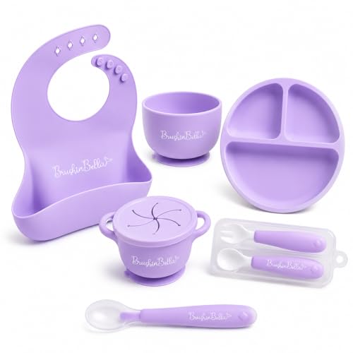 Baby Feeding Supplies - Complete Baby Feeding Set with Baby Plate, Baby Spoons First Stage, Silicone Bib and Snack Cup - Infant Eating Utensils and Baby Bowl with Suction Purple Violet