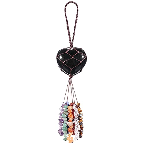 mookaitedecor Obsidian Heart Hanging Ornament with Tumbled Stone Tassels Black