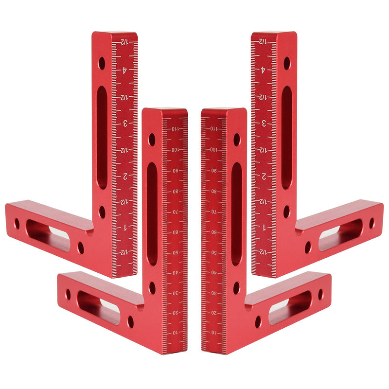 Mocoum Aluminium Alloy 90 Degree Positioning Squares 4.7" x 4.7"(12x12cm) Right Angle Clamps Woodworking Carpenter Tool Corner Clamping Square for Picture Frame Box Cabinets Drawers (Red, 4pcs) Red, 4pcs