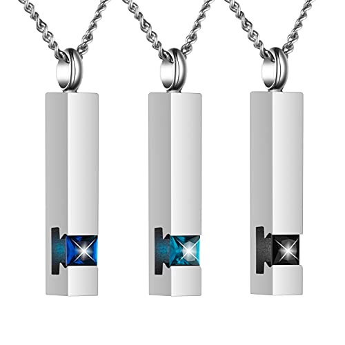 Crystal Black Cremation Jewelry for Ashes Silver Urn Necklace for Ashes, Birthstone Cube Urns Memorial Ashes Necklace Pendant Keepsake, Cremation Urn Jewelry Bar Pendant With CZ 3 Pack silver cremation jewelry