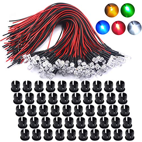 Pack of 50 Pre-Wired Mini LED Light Emitting Diodes 5mm DC 12V Set, LED Diode Model Making Lighting Multicolored White, Red, Blue, Green, Yellow Lewttyer