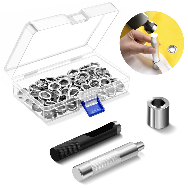 Anley 1/2" Grommet Tools Kit - 100 Sets of Rust Resistant Grommet Refills, Handheld Hole Cutter & Punch Tool - DIY Crafts Self-Piercing Eyelets for Fabric, Leather, Tarp, Curtains & Belts (Silver)