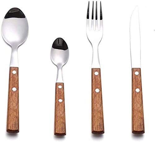 Set of 16 stainless steel dinner forks with wooden handles from HAPPY KIT, part of the 18/8 silverware flatware cutlery set.
