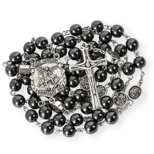 Nazareth Store Hematite Rosary Black Stone Beads Necklace Projection Our Father Prayer Medal with St. Michael Centerpiece and Crucifix 21"