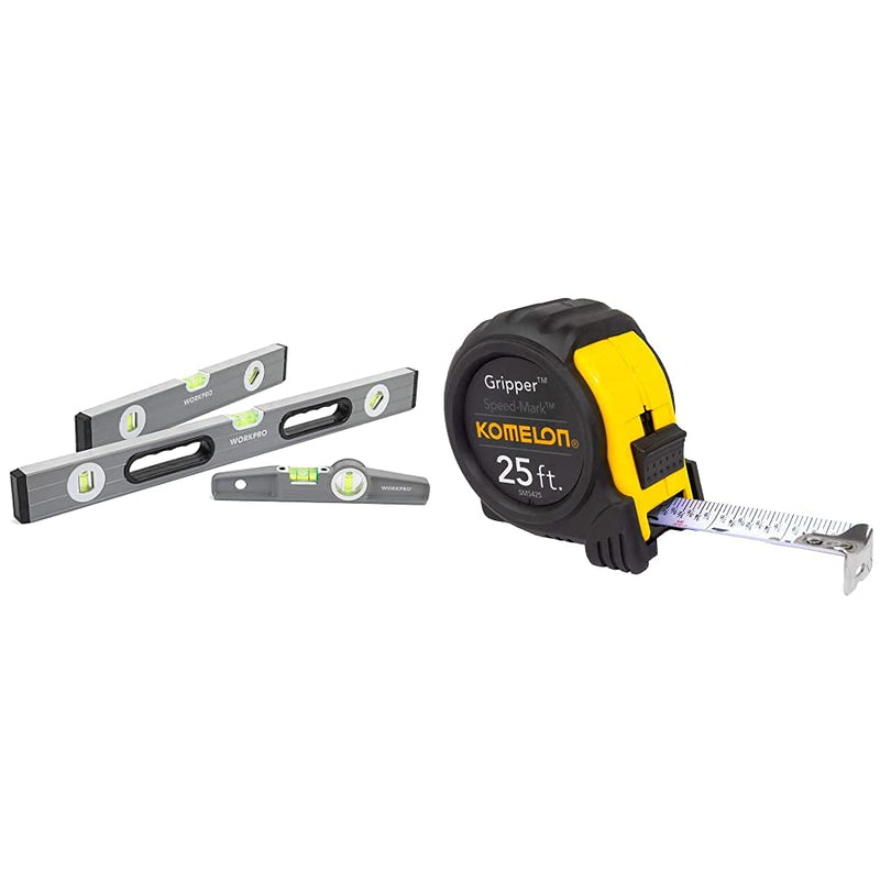 [Australia - AusPower] - WORKPRO Torpedo Level, 3-Piece Spirit Level Set(9", 16", 24") and Komelon SM5425 Speed Mark Gripper Acrylic Coated Steel Blade Measuring Tape, 1-Inch X 25Ft 