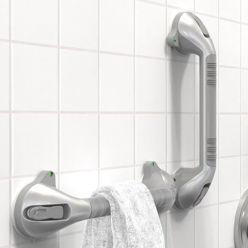 17“ Suction Shower Grab Bar with Indicators, Tool-Free Installation, Steady Handle for Balance Assist for Bathtub, Toilet, Bathroom, Dual Tone, Silver/Gray 2-Pack 17in, Pack of 2 Gray