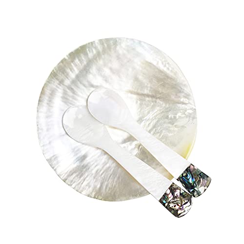 DUEBEL MOP Caviar Server Set, Plate Plus Set of 2 Mother of Pearl Caviar Spoons with Green Abalone 3.5” Decoration for Caviar, Appetizer, Dessert, Egg, Icecream